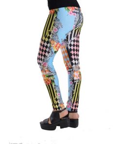 Women's Fashionable Harlequin Patch Striped Printed Floral Legging
