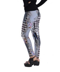 Women's Fashionable Grey Harlequin Patch Striped Printed Floral Legging