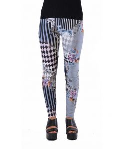 Alternative view of Women's Fashionable Grey Harlequin Patch Striped Printed Floral Legging