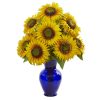 Nearly Natural 1786 Sunflower Artificial Arrangement in Blue Garden Vase