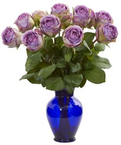 Nearly Natural 1804-PP Rose Artificial Arrangement in Blue Vase