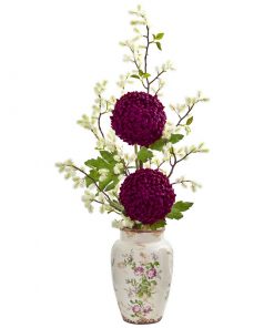 Nearly Natural 1857 39” Mum and Thistle Artificial Arrangement in Floral Vase