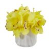 Nearly Natural 1877-YL Cymbidium Orchid Artificial Arrangement in Marble Vase