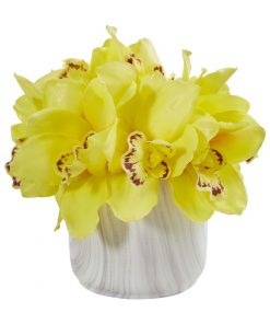 Nearly Natural 1877-YL Cymbidium Orchid Artificial Arrangement in Marble Vase
