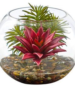 Nearly Natural 8589 Mixed Succulent Artificial Plant in Round Glass Vase