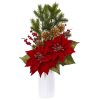 Nearly Natural 1871 Poinsettia Berry Artificial Arrangement in White Vase