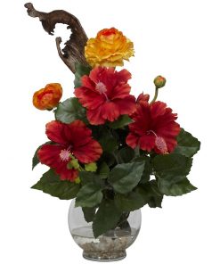 Nearly Natural 1287 Hibiscus & Ranunculus w/Fluted Bowl Silk Flower Arrangement