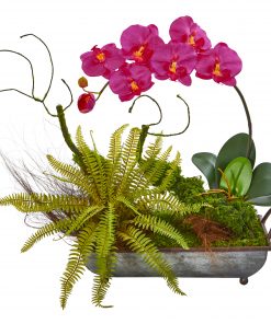 Nearly Natural 1893-BU Phelaenopsis Orchid and Fern Artificial Arrangement in Metal Tray