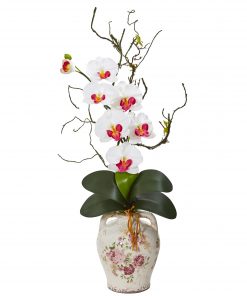 Nearly Natural 1902-WH Phalaenopsis Orchid and Twig Artificial Arrangement in Floral Jar