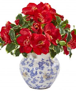 Nearly Natural 1909-RD Amaryllis and Variegated Holly Leaf Artificial Arrangement