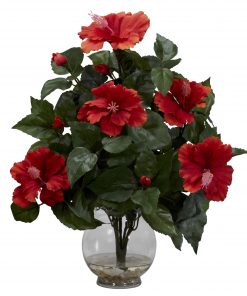 Nearly Natural 1279 Hibiscus w/Fluted Vase Silk Flower Arrangement