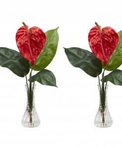 Nearly Natural 1286 Anthurium w/Bud Vase Silk Flower Arrangement (Set of 2)