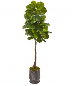 Nearly Natural 9693 69” Fiddle Leaf Artificial Tree in Ribbed Metal Planter (Real Touch)
